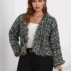 Plus Plaid Pattern Distressed Drop Shoulder Cardigan